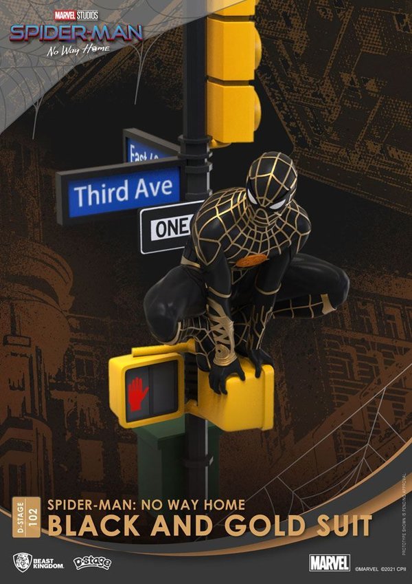 Spider-Man No Way Home D-Stage PVC Diorama Spider-Man Black and Gold Suit Closed Box Version 25 cm